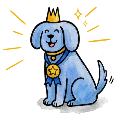 Illustration of a dog with a crown and medal