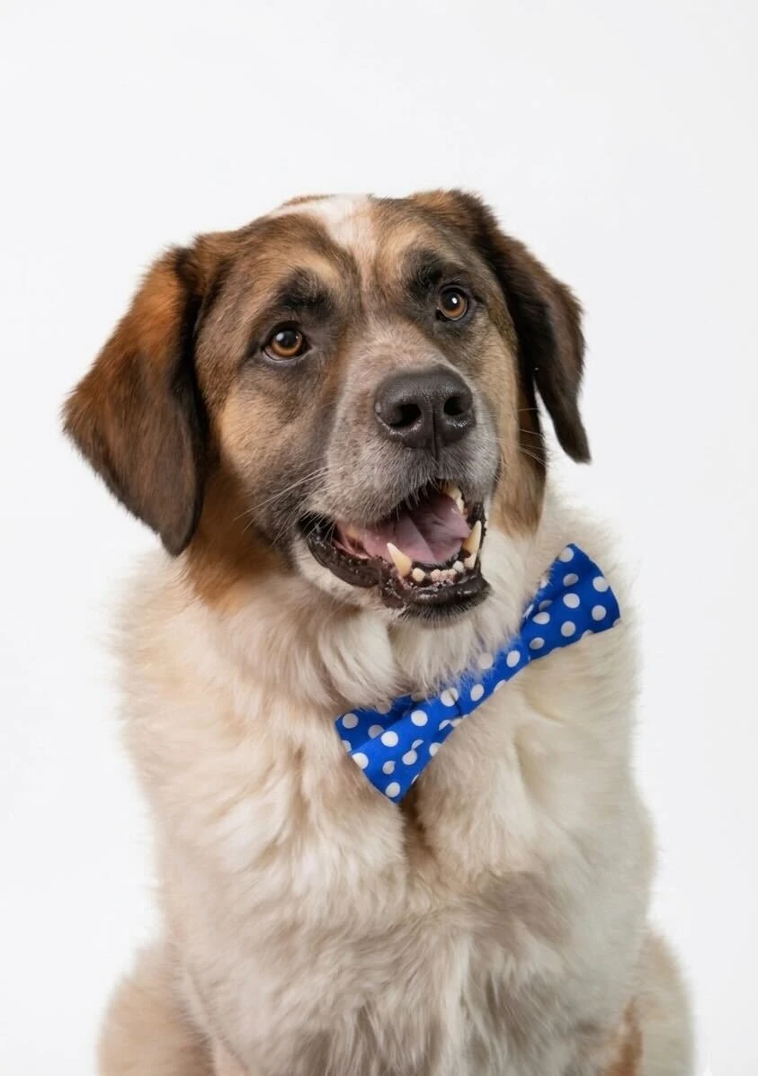 Portrait of Winner the dog wearing a blue polka-dot bowtie